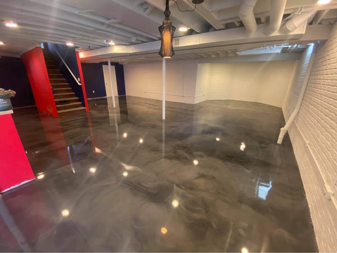 Finished metallic epoxy basement floor by 1st Epoxy